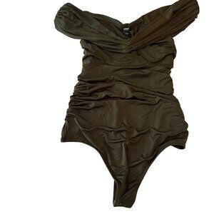Express Body Contour Olive Off-Shoulder Ruched Bodysuit M Stretch
